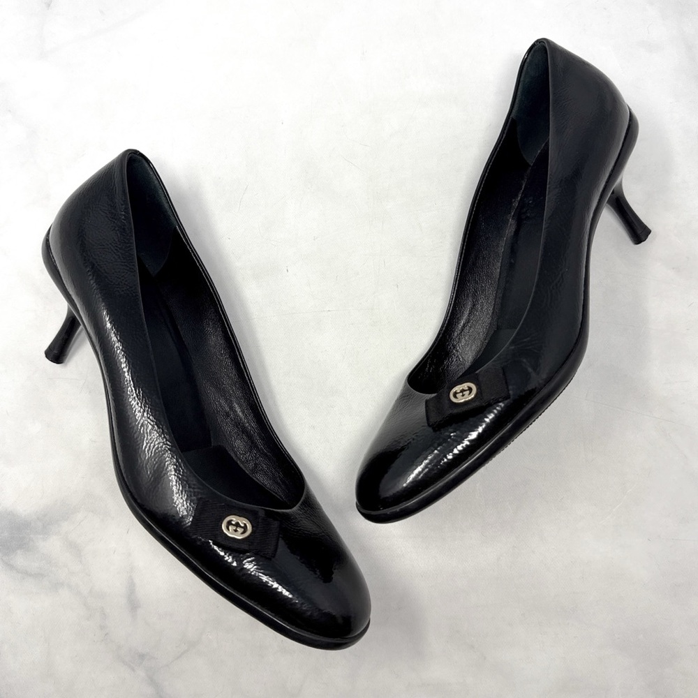 GUCCI Vintage Y2K GG Bow Patent Leather Low Kitten Heel Pumps Black Retro 37